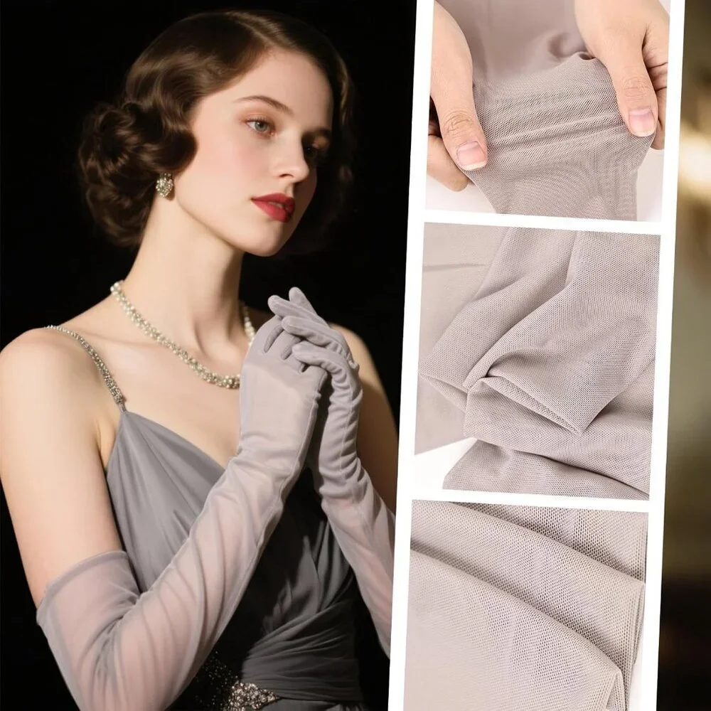 Women's Tulle Light Gray Long Satin Gloves Evening Elbow Length Party Costumes